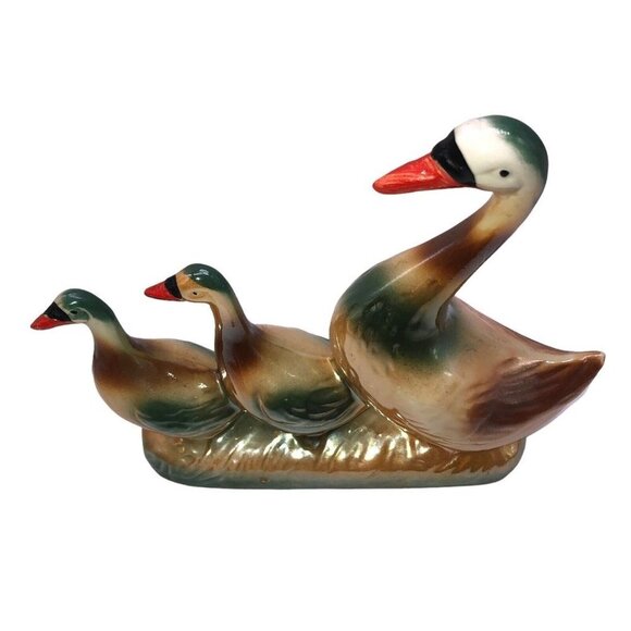 Mother Mallard Duck Two Ducklings Bisque Porcelain Collectible Figurine Brazil - Picture 1 of 7